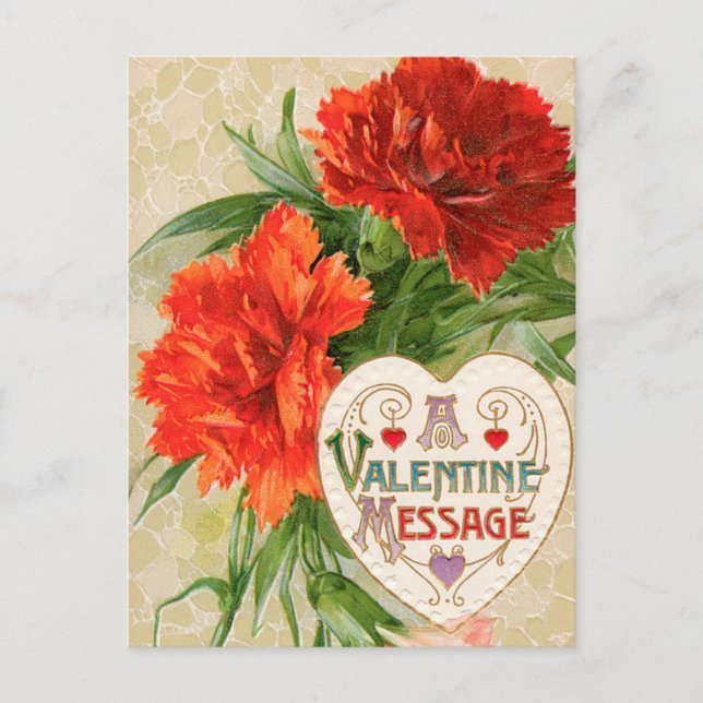 Carnation Flowers, Vintage Valentine's Day Message Holiday Postcard (Front)