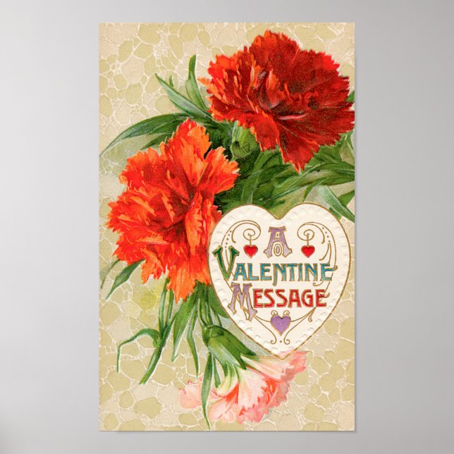 Carnation Flowers, Vintage Valentine's Day Message Poster (Front)