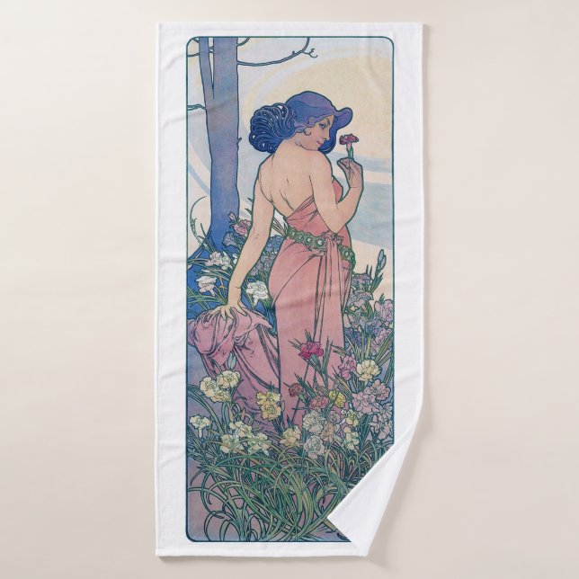 Carnation (Four Flowers), Alphonse Mucha Bath Towel (Bath Towel)