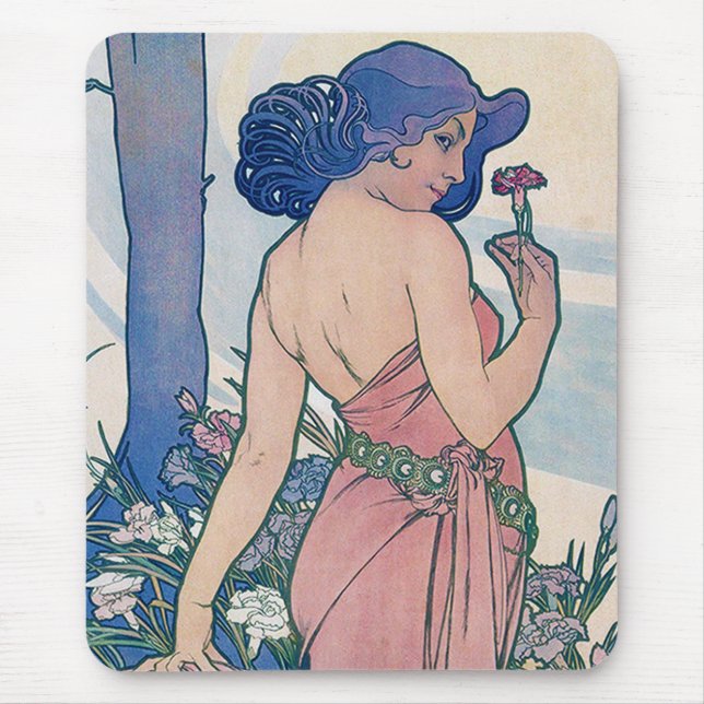 Carnation (Four Flowers), Alphonse Mucha Mouse Mat (Front)