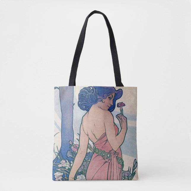 Carnation (Four Flowers), Alphonse Mucha Tote Bag (Front)