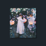 Carnation, Lily, Lily, Rose (John Singer Sargent) Canvas Print<br><div class="desc">This design features a painting by the American impressionist artist John Singer Sargent (1856–1925). It shows two small girls dressed in white who are lighting paper lanterns as the night begins to fall. The children are in a beautiful garden strewn with green foliage, pink roses, yellow carnations and tall white...</div>