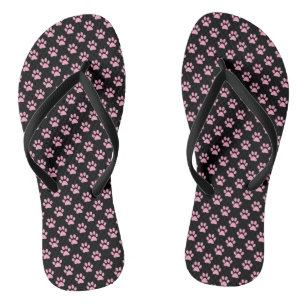 Carnation Pink Animal Paw Prints on Black Flip Flops