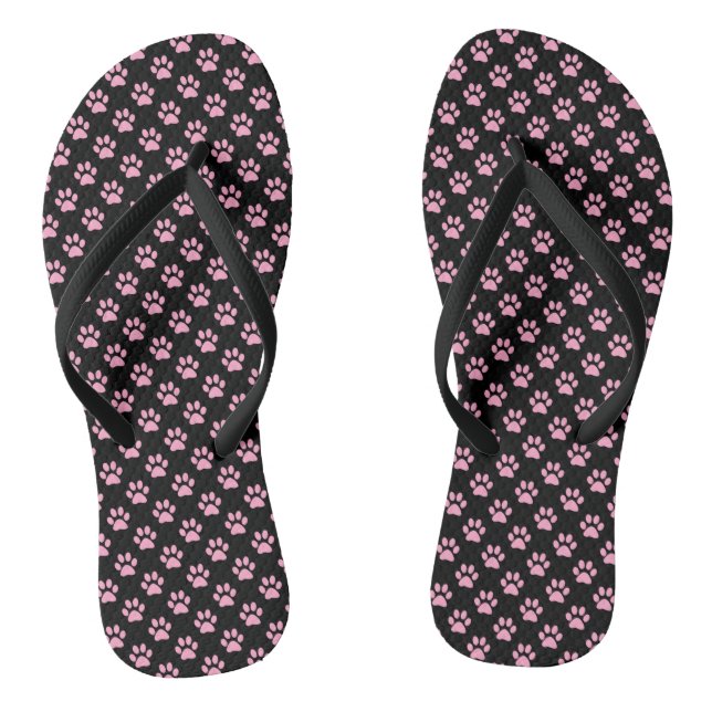 Carnation Pink Animal Paw Prints on Black Flip Flops (Footbed)