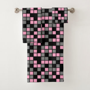 Carnation Pink, Black, Grey Random Mosaic Squares Bath Towel Set