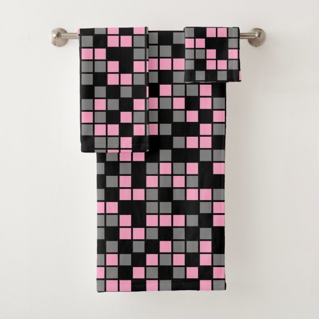Carnation Pink, Black, Grey Random Mosaic Squares Bath Towel Set (Insitu)