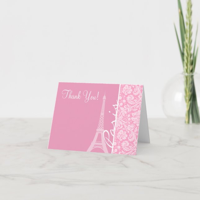 Carnation Pink Damask Pattern Thank You Card (Front)