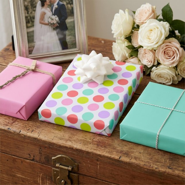 Carnation Pink, Robin Egg Blue Colourful Polka Dot Wrapping Paper Sheet (wedding anniversary)