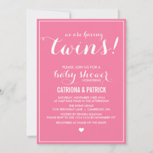 Carnation Pink Script Twins Baby Shower Invitation