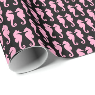 Carnation Pink Sea Horses on Black Wrapping Paper