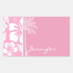 Carnation Pink Tropical Hibiscus; Summer Palm Rectangular Sticker
