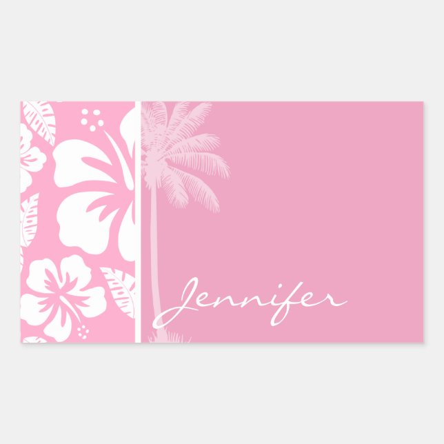 Carnation Pink Tropical Hibiscus; Summer Palm Rectangular Sticker (Front)
