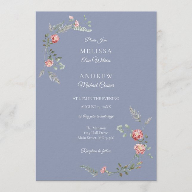 Carnations and Blue Wedding Invitation Suite (Front)