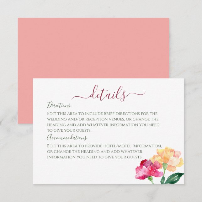 Carnations & Forget Me Nots Wedding Details Enclosure Card (Front/Back)