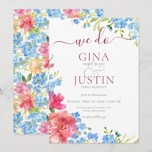 Carnations & Forget Me Nots Wedding Invitation (Front/Back)