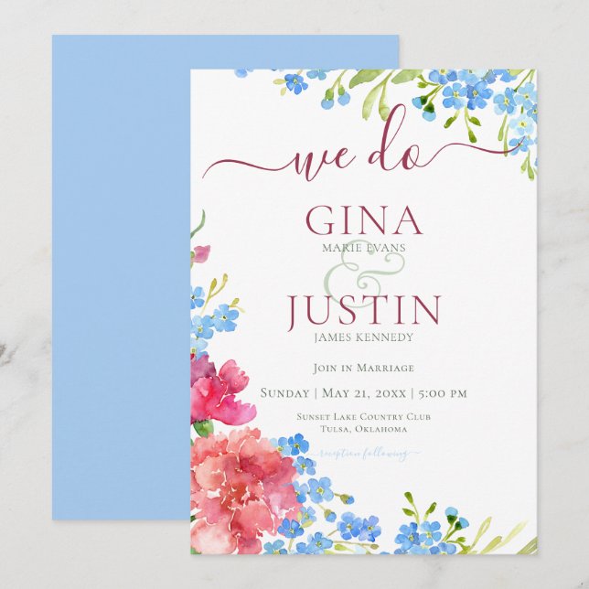 Carnations & Forget Me Nots Wedding Invitation (Front/Back)