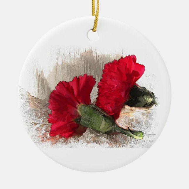 Carnations on Brocade Ceramic Tree Decoration (Front)