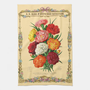 Carnations Retro Victorian Era Botanical Art Tea Towel