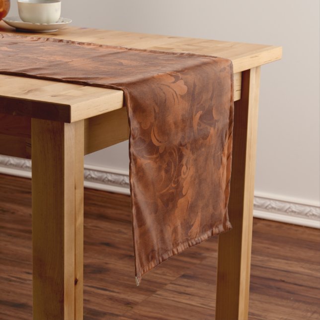 Carnelian Orange Abstract Feather Pattern Short Table Runner (In Situ)