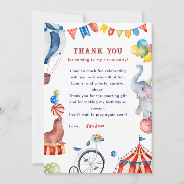 Carnival Animal Circus Birthday Thank You Card (Front)