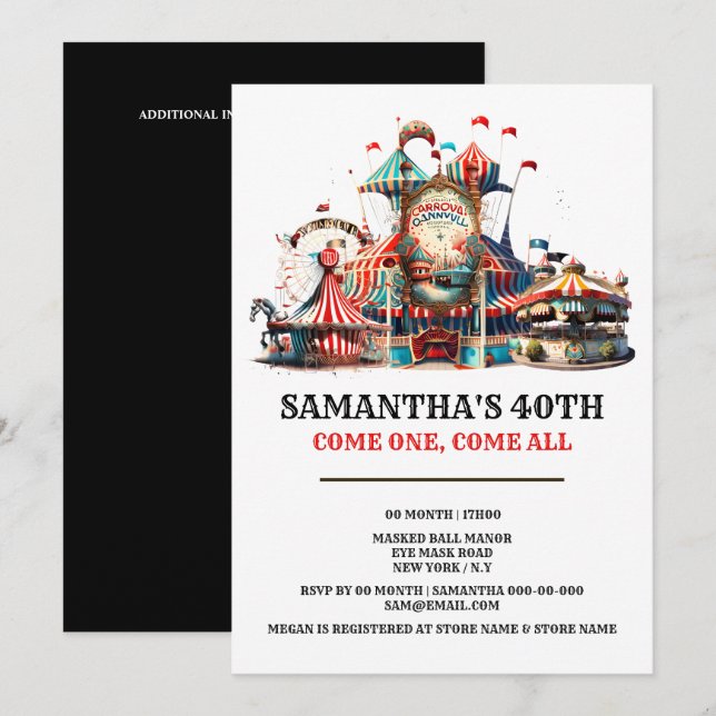 Carnival birthday retro circus tent carousal wheel invitation (Front/Back)