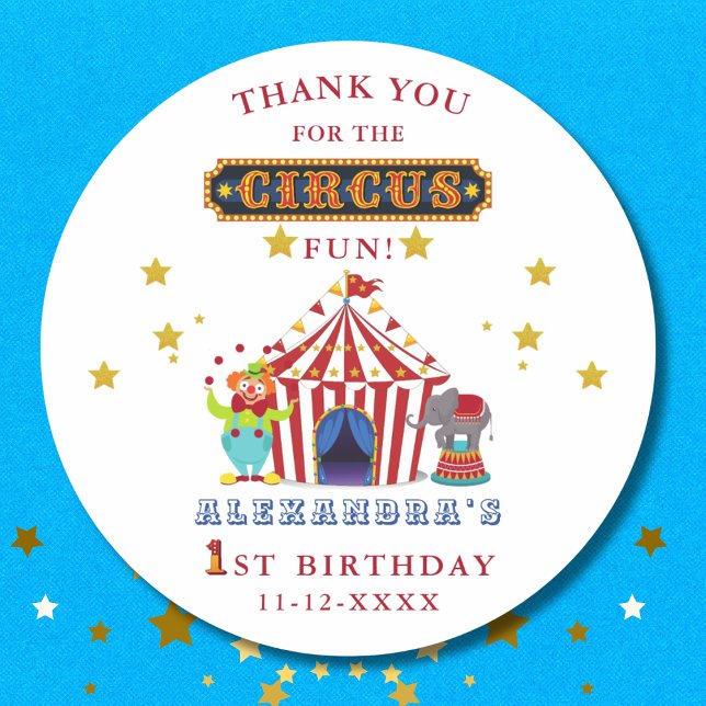 Carnival Circus 1st Birthday Thank You Classic Round Sticker (Creator Uploaded)