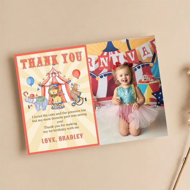 Carnival Circus & Animals Birthday Photo Thank You Card (Creator Uploaded)