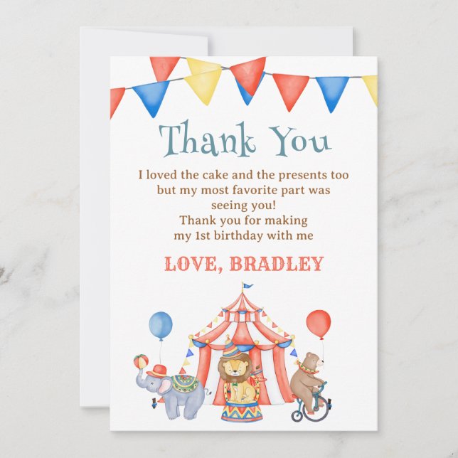 Carnival Circus & Animals Birthday Thank You Card (Front)