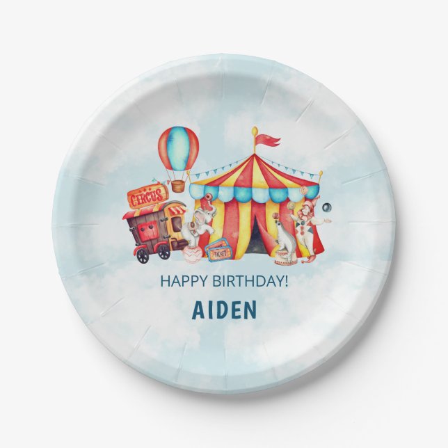 Carnival Circus Big Top Blue Birthday Paper Plate (Front)