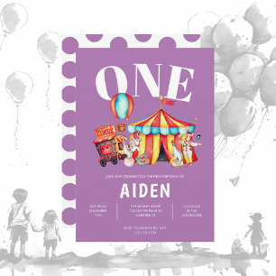 Carnival Circus Big Top Purple 1st Birthday Invitation
