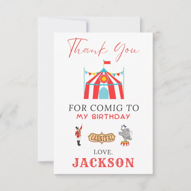 Carnival Circus Birthday Thank You Card (Front)