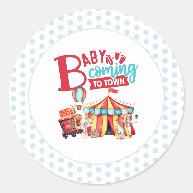 Carnival Circus Blue Baby Shower Classic Round Sticker (Front)