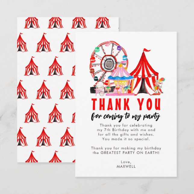 Carnival Circus Clown Balloon Festival Birthday Thank You Card (Front/Back)
