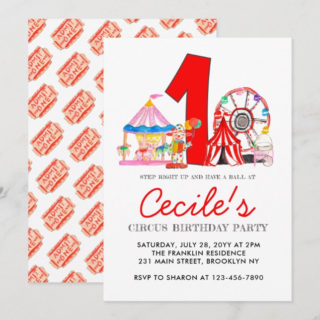Carnival Circus Fair Party Kid 1st Birthday Invitation (Front/Back)
