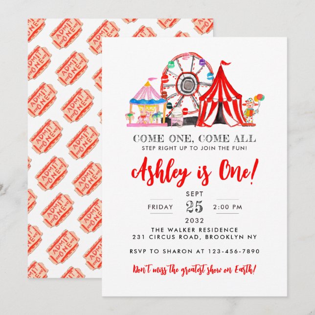 Carnival Circus Fair Show Party Kid Birthday Invitation (Front/Back)