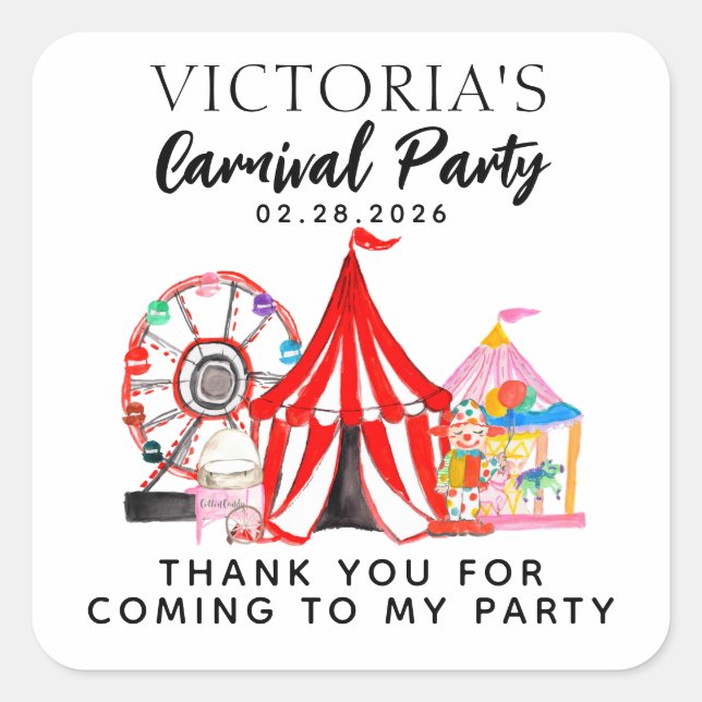Carnival Circus Festival Show Thank You Birthday Square Sticker (Front)