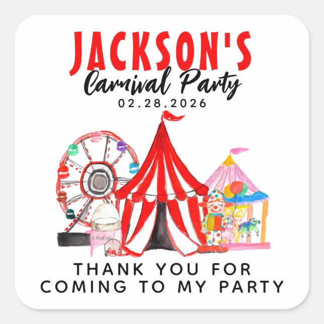 Carnival Circus Festival Show Thank You Birthday Square Sticker (Front)