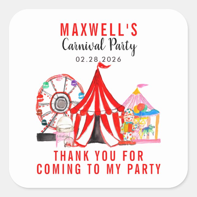 Carnival Circus Festival Show Thank You Birthday Square Sticker (Front)