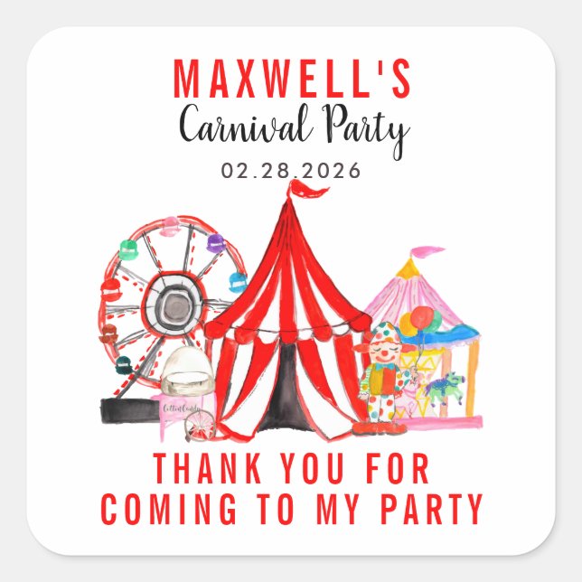 Carnival Circus Festival Show Thank You Birthday Square Sticker (Front)