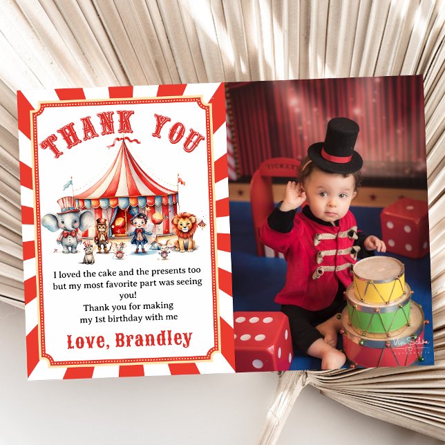 Carnival Circus Show & Animals Birthday Photo Thank You Card (Creator Uploaded)