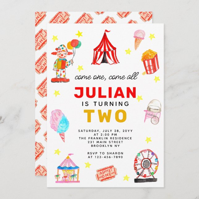 Carnival Circus Tent Clown Popcorn Kid Birthday Invitation (Front/Back)