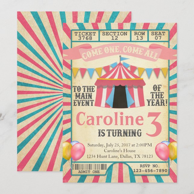 Carnival Circus Ticket Birthday Party Invitation (Front/Back)