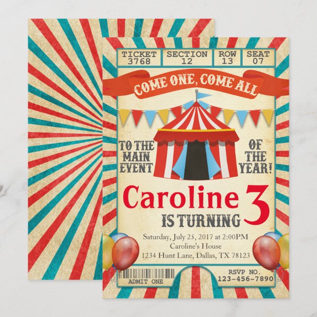 Carnival Circus Ticket Birthday Party Invitation (Front/Back)