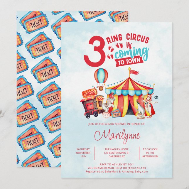Carnival Circus Triplets Baby Shower Invitation (Front/Back)