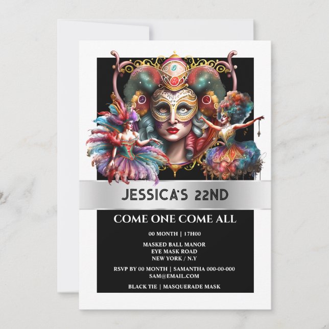 Carnival colourful festival showgirls feather mask invitation (Front)