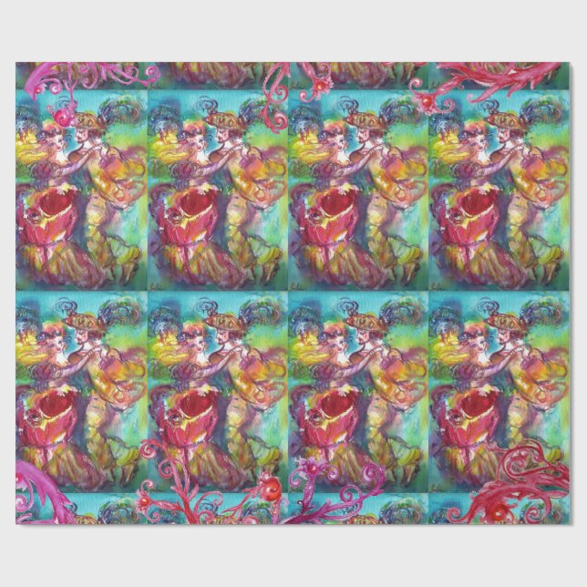 CARNIVAL DANCE,RED PURPLE FLORAL SWIRLS WRAPPING PAPER (Flat)