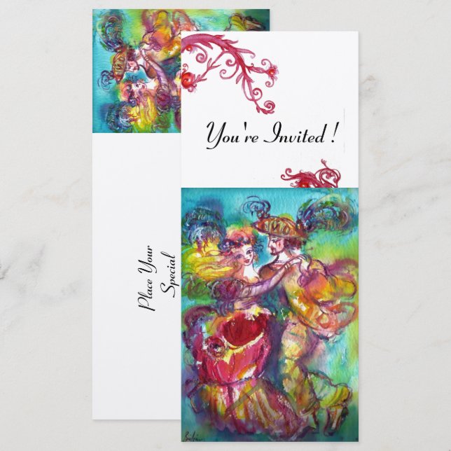 CARNIVAL DANCE vibrant blue red flourish silver Invitation (Front/Back)