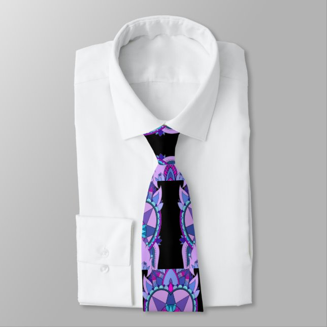 Carnival Mandala Design, Purples on Black Tie (Tied)