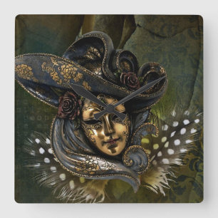 Carnival Mask-Green Damask Square Wall Clock