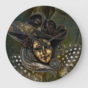 Carnival Mask-Green Damask Wall Clock